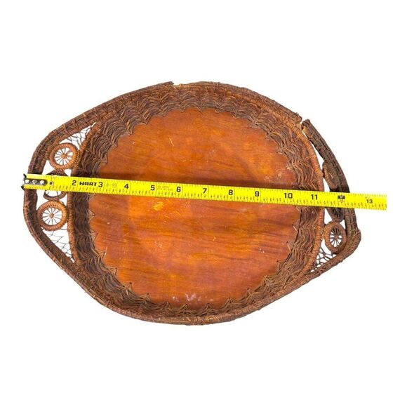 Antique Oval Wicker & Wood Serving Tray  Intricate Weave & Handle Design READ - Picture 6 of 8